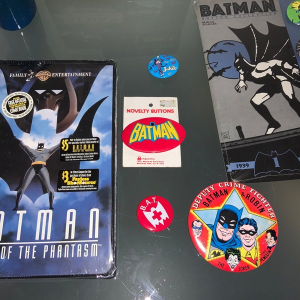 Large Lot Batman DC Comics Superhero Collection Lot 1960s - 1980s Pins Comics T Shirt Coin Bank Belt Buckle VHS and More