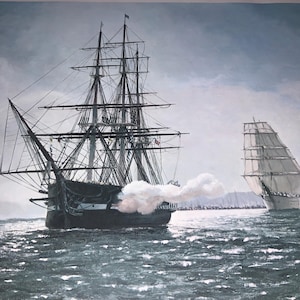 32” vtg Boston Harbor Old Ironside Firing Her Cannons Leading the Tall Ship Parade fine art lithograph by Carl Lindgren 1977 32&quot; x 23.5&quot;
