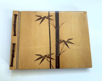 Album fotografico intarsiato in vero bambù, nuovo, vintage, mai usato, completamente dorato, in vero legno di bambù, 14,5"x10,5", copertina per scrapbooking, album in legno