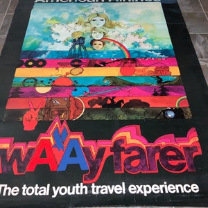 Póster hippie de la contracultura de los años 60 de American Airlines y calcomanía corporativa XL con el logotipo. Emblema de transporte y aviación, artículo de colección raro con el símbolo de la paz.
