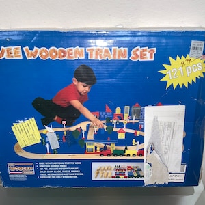 Vtg new Wooden Train by Wee Wooden Wonders Play Set Buildings Cars People Children&#39;s Kids Toy Play Wood Figurines Blocks Buildings