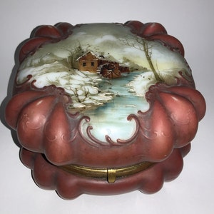 XL 8.5” HM Rio Co Philadelphia Decorative Art Glass antique jewelry box hand painted glass late 1800s large American Collectable Glass