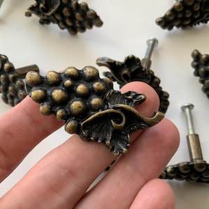 Könnte beinhalten: Bronzefarbene Schrankgriffe im Traubencluster-Design. Jeder Griff hat eine detaillierte Traube mit Blättern und eine Schraube zur Montage. Die Hardware hat ein antikes Finish, geeignet für Küchen- oder Möbel-Upgrades.