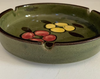 Vintage Studio Pottery Table Ashtray Handmade Colorful MCM Decor Floral Flower Design Glaze Fine Art Ceramics Dark Green Like New