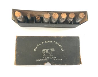 Animal Bone Fertilizer Salesman Sample antique original Baugh and Sons Company Baltimore Norfolk Embossed bottles set 9” Box advertising
