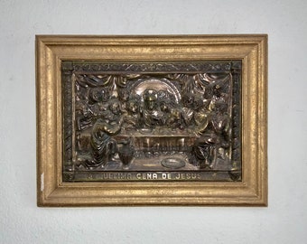 Ultima Cena De Jesus - Das letzte Abendmahl - 3 Dimensionale Relief Metall Skulptur - Antikes religiöses Kunst Dekor in Original Holzrahmen