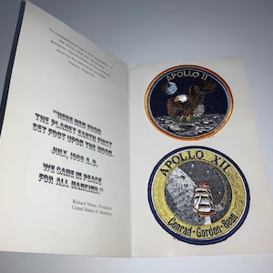 Novos patches da NASA de 1969 Cartão de lembrança original História Apollo XI Apollo XII Decalque bordado Viemos em paz Humanidade Astronauta Aeronáutica