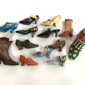 Collection of Decorative Ceramic Porcelain Hand Painted Miniature Shoe Sculptures Including Lace Bow Dish Tray Bowl Pink Flowers High Heels