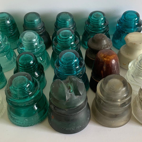 Lot of vintage antique glass and ceramic insulators green aqua clear threaded