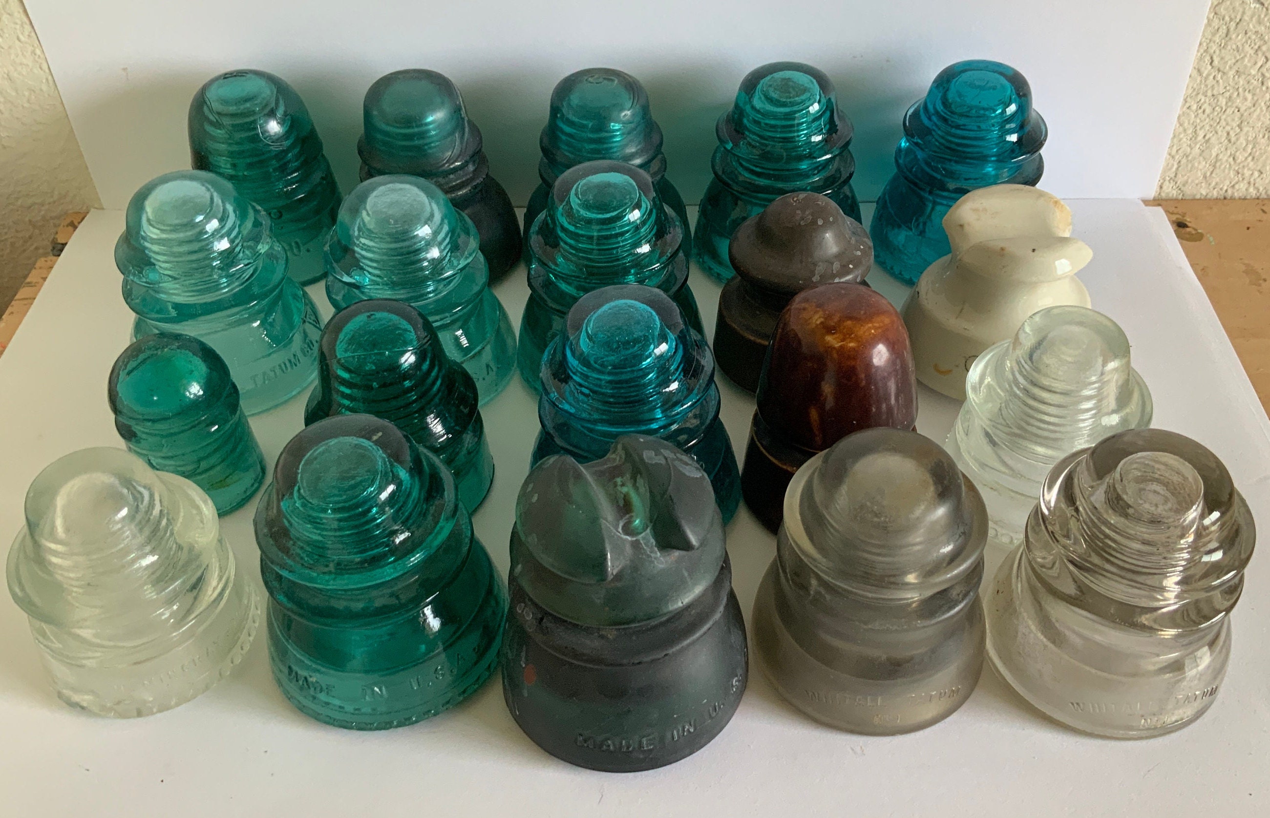 Lot of vintage antique glass and ceramic insulators green aqua clear threaded