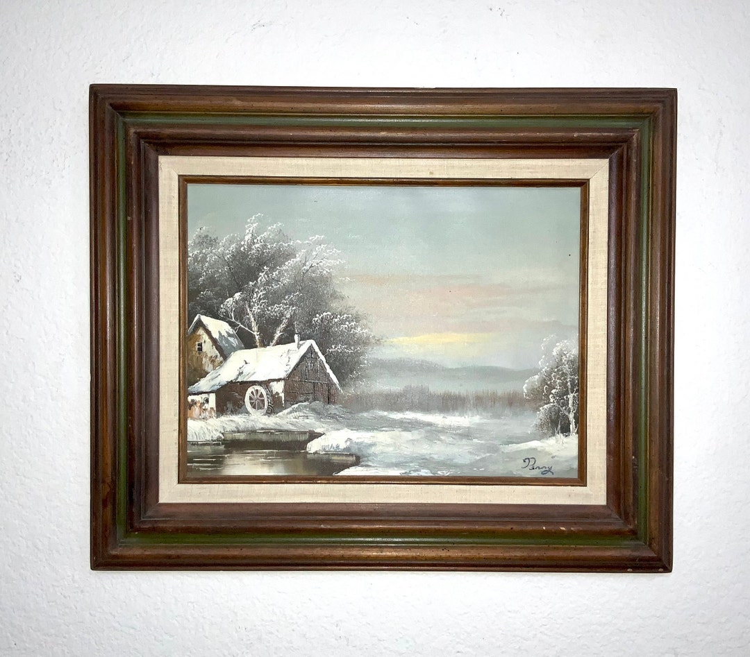 Vintage Signed Oil Painting: Winter Cabin Landscape in Wood Frame - Etsy