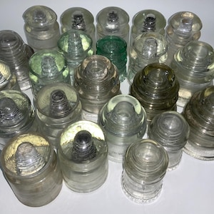 Lot of vintage antique glass and ceramic insulators green aqua clear threaded