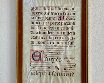 34” Gregorian Chant Latin Illuminated Manuscript Antique Vellum Handmade Song Chant Page Large Scale Double Sided Framed Medieval Art