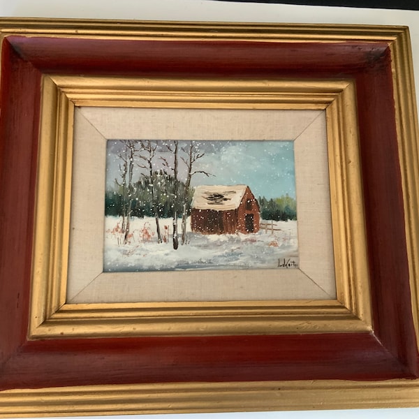 1970s Linda De Curtis Signed w/Bio Vintage Lake Tahoe Nevada California - Authenticated Framed Painting Cabin in the Woods Winter Scene