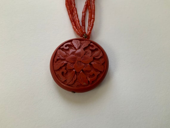 Old Carved Cinnabar Flower Pendant Amulet and Cor… - image 6