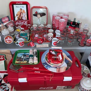 Giant Lot of Vintage Coca Cola Collectibles Glass Cups Mugs Jars Bowls Storage Metal Signs Trays vintage soda advertising poster lithograph