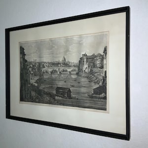 Rossini ROMA 1823 original antique etching of the Sistine Bridge by Luigi Rossini Italy Italian Cityscape Architecture framed  28&quot;x21.25&quot;