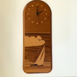 Inlaid Wood Sailboat Wall Clock: Vintage Nautical Decor 20&quot;x8.25&quot;