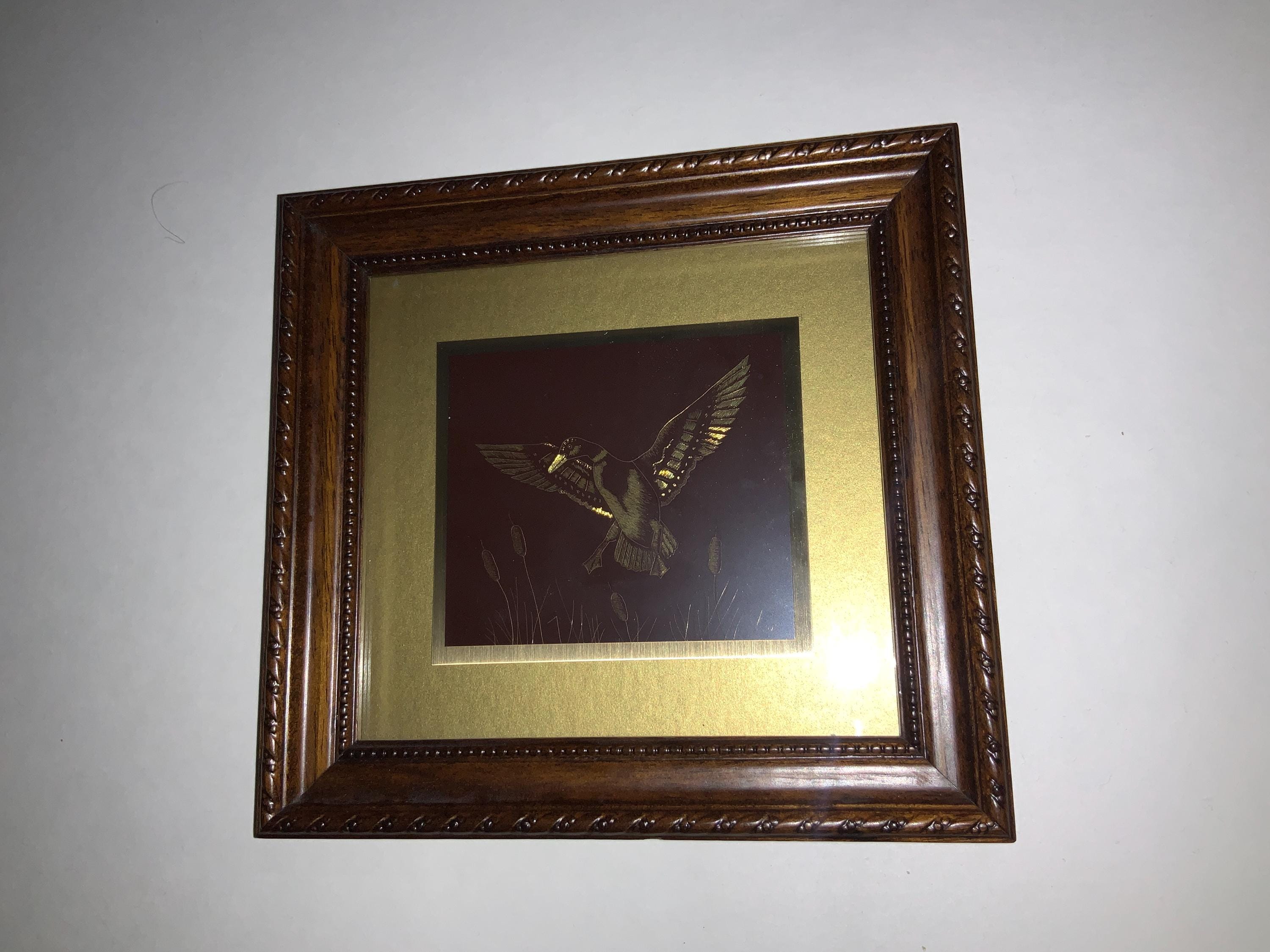 Brass Hand Engraving Larry Beck Barbara Beck 8"x7.5"Mallards - Framed Fine Art Ducks Mallards Nature wood frame