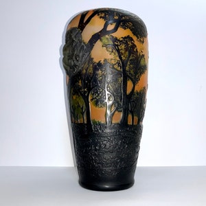 13” Emile Galle Cameo Art Nouveau Glass Vase  Multi Colored Landscape Nature Scene Trees  Unique Dimensional Thick Heavy Animal Relief