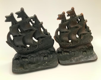 Sujetalibros vintage de metal fundido con forma de barco - Pareja de barcos clipper náuticos