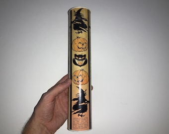Halloween Candy Coin Bank paper metal tube Witches Pumpkins Cats good condition 12”x2.5” Kidney Foundation coin banks vintage Halloween