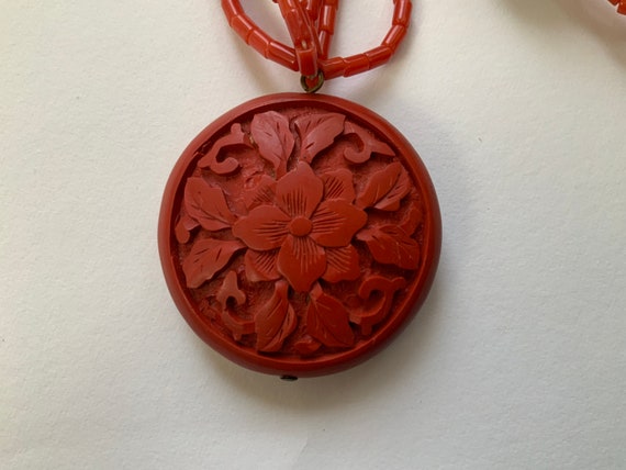 Old Carved Cinnabar Flower Pendant Amulet and Cor… - image 3