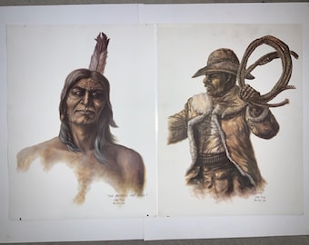 Artist Proof Not For Sale George Rabens original vintage fine art lithographs Native Americans Indians American West Cowboy Frontier 22"