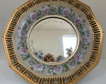 Vanity Mirror Antique Porcelain Beautiful Green Velvet Carved Gold Edges Floral Flower Design Bathroom Decor Desktop Table Mirrors Ceramics