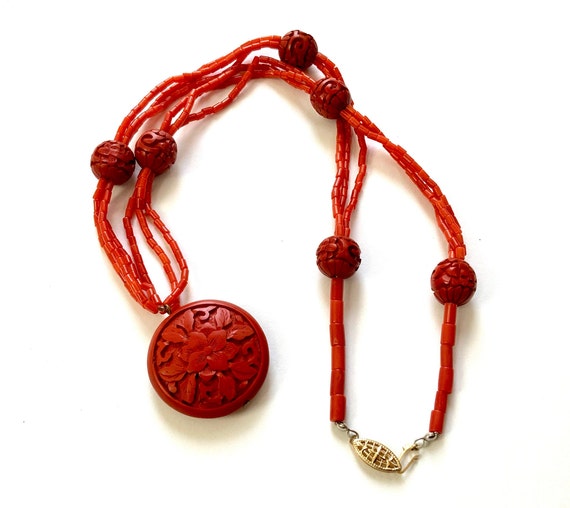 Old Carved Cinnabar Flower Pendant Amulet and Cor… - image 1