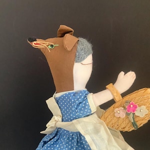 Storybook Topsy Turvy 1973 Artist Signed Vintage Handmade Doll Large Scale Sewn Face Red Riding Hood Big Bad Wolf Grandma Mint Condition