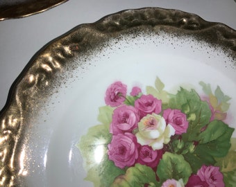 Set of Antique Porcelain Plates White Pink Gold Scalloped Edges Handmade Beautiful Quality - Original 1855 Haviland Limoges? Floral Flowers