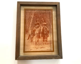 Vintage Remington-glasfoto: westerse kunst uit de jaren 1970, houten lijst
