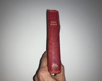 Bibbia Eyre Spottiswoode in pelle marocchina rossa con rilegatura dorata, Harper Brothers, buone condizioni, Vecchio Nuovo Testamento, Re Giacomo