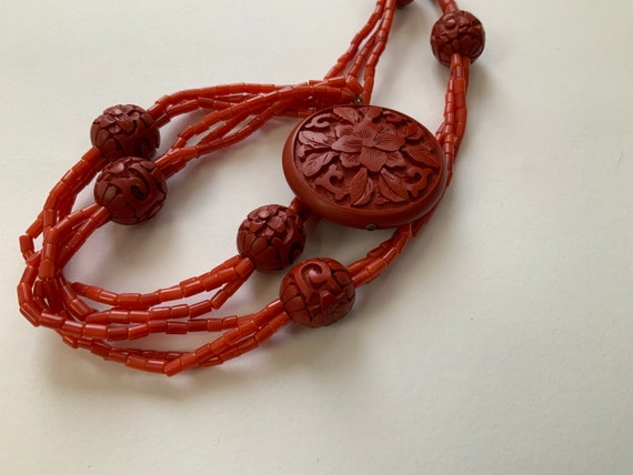 Old Carved Cinnabar Flower Pendant Amulet and Cor… - image 2