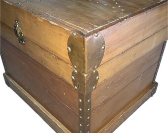 Civil War Era Antique Wood Trunk: PENTAGRAM TOP  Brass Accents, Insulated Humidor Box