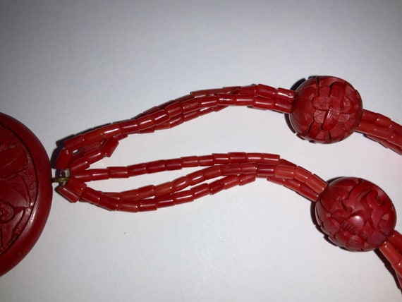 Old Carved Cinnabar Flower Pendant Amulet and Cor… - image 4