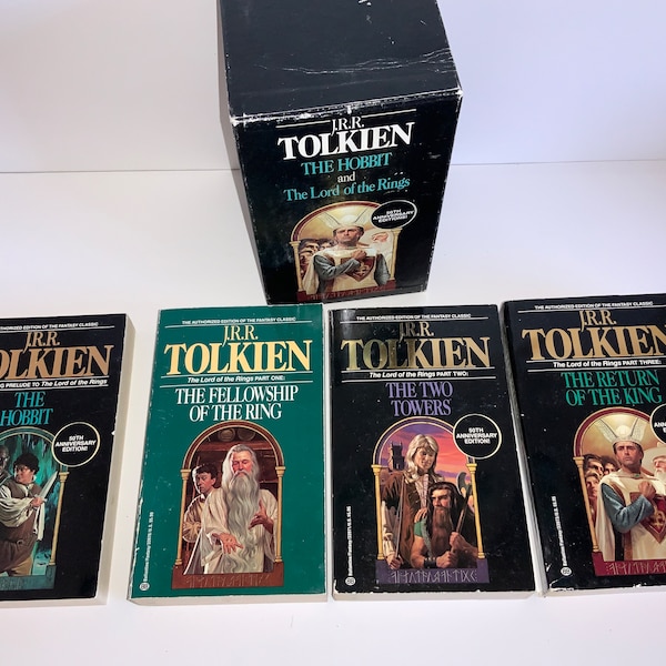 vintage LOTR Tetralogy The Hobbit Fellowship of The Ring Two Towers Return of the King JRR Tolkien fantasy adventure books 50th Anniversary