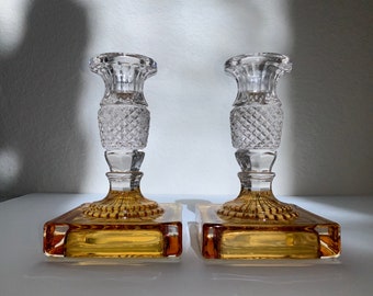Antikes Bernsteinglas Cut Geätzt Kristall Ananas Stem Dekoration Glas Wohnkultur Passende Paar Kerzenhalter Gelb Glas Kerzenhalter