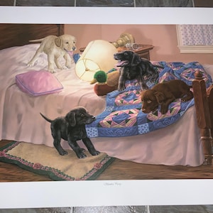 Signed “Slumber Party” fine Art poster print by Randy McGovern Puppies Dogs Playing Ducks playful Labrador Golden Retriever 26”x20”