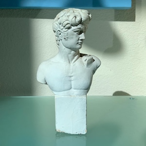 Antique Statue of David Sculpture Cast cement heavy plaster style great detail original attached pedestal Italian Renaissance Michelangelo