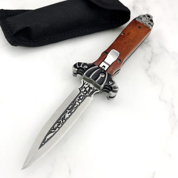 Assisted Folding Knives Wood Handle Stiletto Pocket Knife Etsy