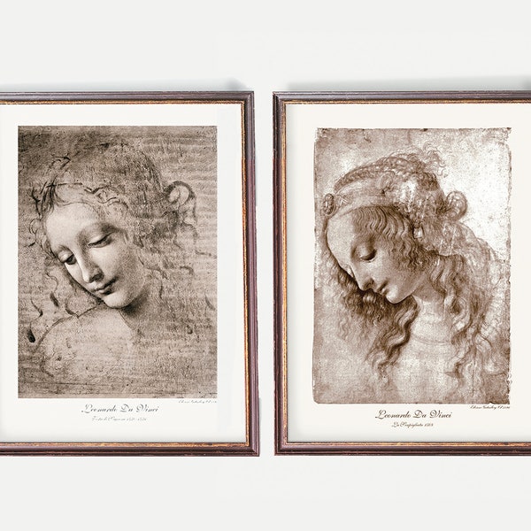 Dessins de Léonard de Vinci | Art de la Renaissance | Portraits de femmes - Ensemble de deux gravures sépia italiennes antiques