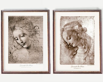 Leonardo Da Vinci Drawings | Renaissance Art | Female Portraits - Set of Two Antique Italian Sepia Prints
