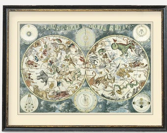 Planisferio celestial / Mapa estelar antiguo / Cartel vintage / Impresión de bellas artes del mapa estelar antiguo con constelaciones