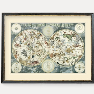 Planisphère céleste | Ancienne carte des étoiles | affiche vintage | Impression d'art de la carte du ciel ancienne avec constellations