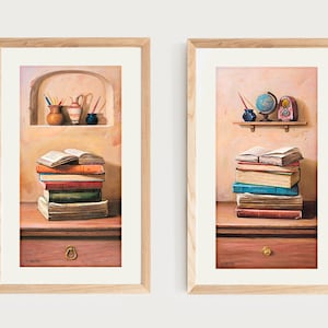 Writing Table with Books | Prints with old Books | Study Wall Art - Set of Two