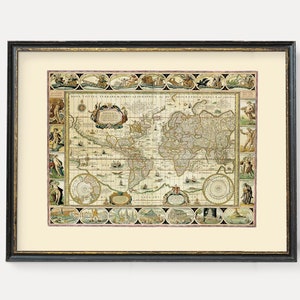 Stampa di una vecchia mappa del mondo con Asia, Africa, Europa e America / Vecchia mappa del mondo del XVIII secolo / Stampa artistica italiana