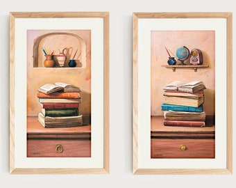 Writing Table with Books | Prints with old Books | Study Wall Art - Set of Two