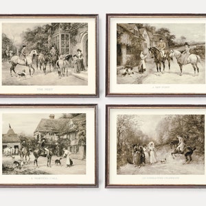 May include: Four black and white vintage illustrations of people on horseback in a rural setting. The illustrations are framed in gold frames and each has a title: "The Meet", "A New Peppy", "A Morning Call", and "An Unexpected Encounter".